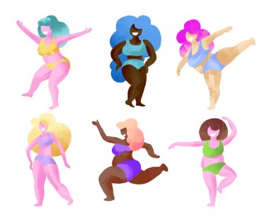  Mutlu güzel, aktif, artı boyut kızlar vektör çizimi. Vücut pozitif konsept. Sütyen ve külot giyen tombul kızlar, dans eden kadın karakterler. Vücut pozitif küme
