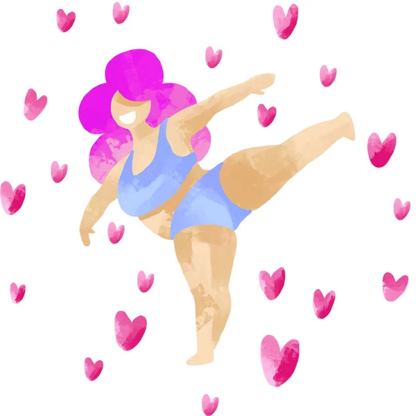 Happy Beautiful Active Size Girl Illustration Body Positive Concept Plump — Stock Photo, Image