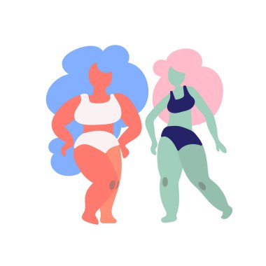  Mutlu güzel, aktif, artı boyut kızlar vektör çizimi. Vücut pozitif konsept. Sütyen ve külot giyen tombul kızlar, dans eden kadın karakterler. Vücut pozitif küme