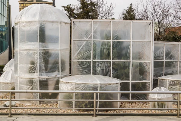 Maßnahmen Zum Schutz Wärmeliebender Pflanzen Winter Gerätegewächshäuser Aus Polyethylen Schützen Stockfoto