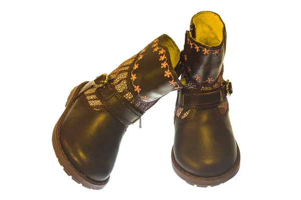 Όμορφες Δερμάτινες Μπότες Για Ένα Κοριτσάκι Κλείσιμο Απομονωμένο — Φωτογραφία Αρχείου