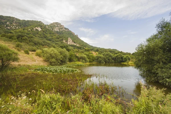 Natural landscape of the mountain range above lake Monastyrskoe. Mountain layers of the landscape. Summer in the mountain and forest landscape. Forest and mountain landscape. Caucasian Mineral waters.