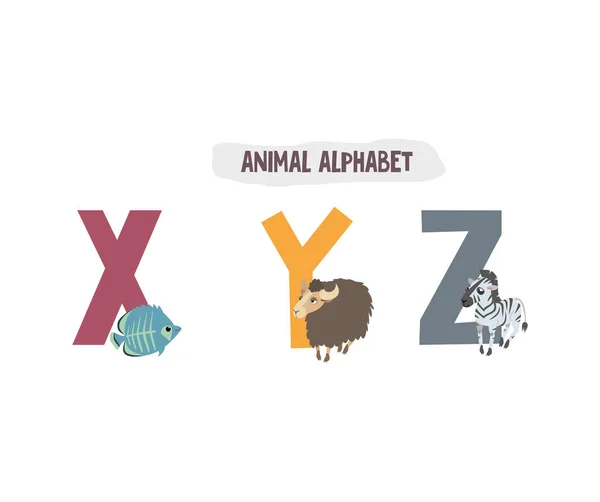 Alfabeto y animales. libro para niños. pescado, yak, cebra. X, Y , — Vector de stock