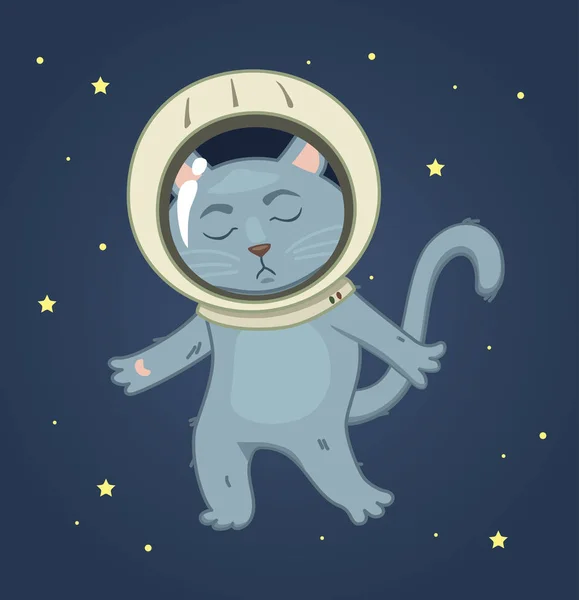 Sad cat in a spacesuit on the space background. square sticker v — Stock Vector