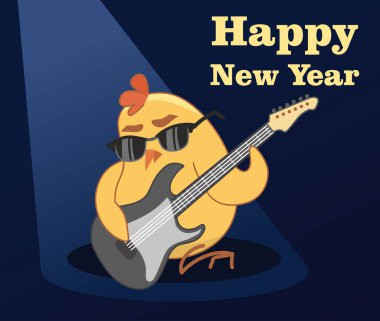 Vektör yeni yıl kartı. genç horoz gitar çalıyor