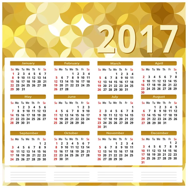 Kalender 2017. goldener abstrakter Hintergrund — Stockvektor