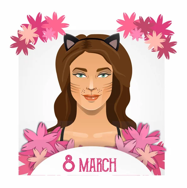 Tarjeta el 8 de marzo, con una chica bonita — Vector de stock