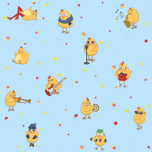 Seamless children's wallpaper. Cheerful chickens on a blue backg — Stock Vector
