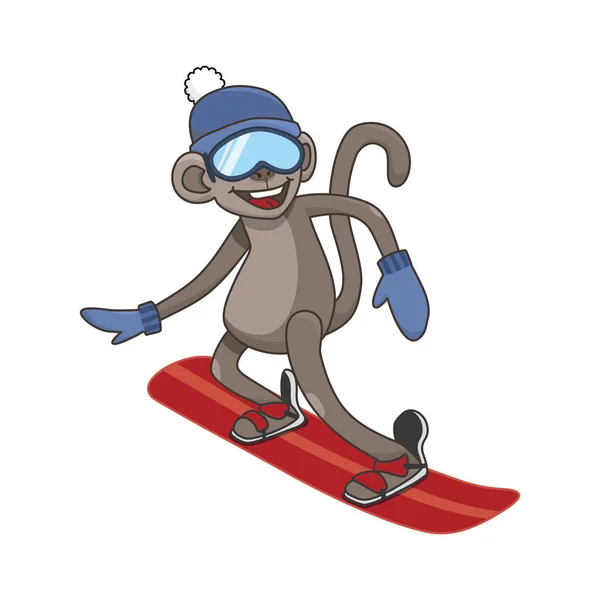 Joyeux singe snowboard. Animal sur fond blanc. vecteur — Image vectorielle