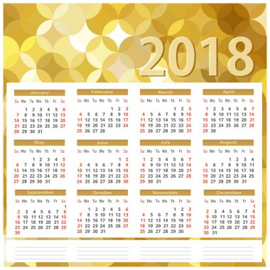 kare takvim 2018. Altın arka plan. vektör grafikleri