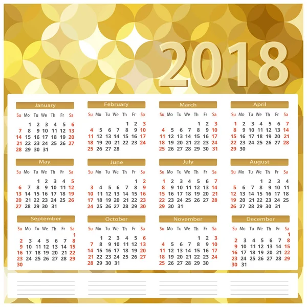 Čtvereček kalendář 2018. Zlaté pozadí. vektorové grafiky — Stockový vektor