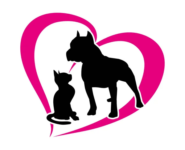 Schwarze Katze und Hund auf dem Hintergrund magenta Herzen — Stockvektor