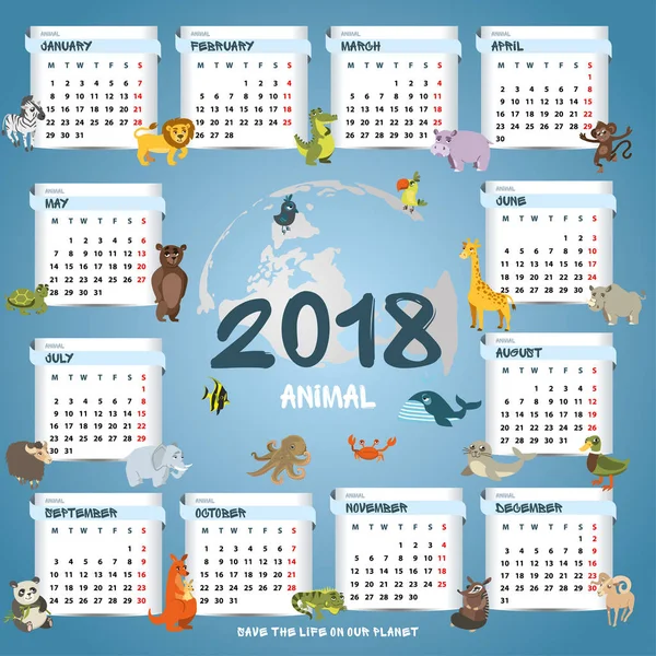 Calendario cuadrado 2018. animales diferentes. imagen vectorial — Vector de stock