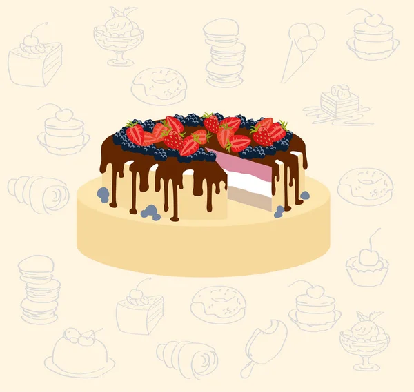 La torta con las fresas sobre el fondo del juego del contorno dulce — Archivo Imágenes Vectoriales