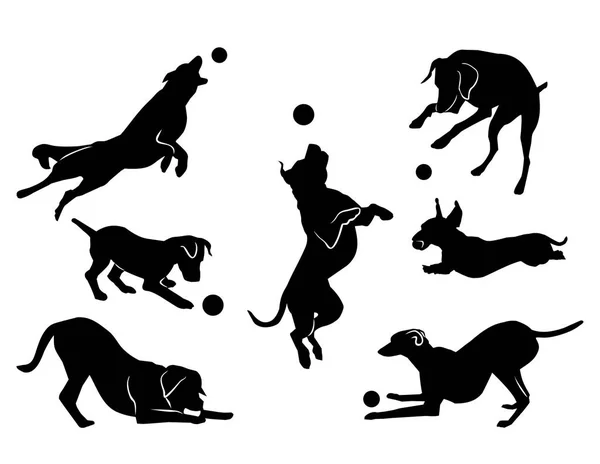 Perro jugando con una pelota. silueta negra. vector — Vector de stock