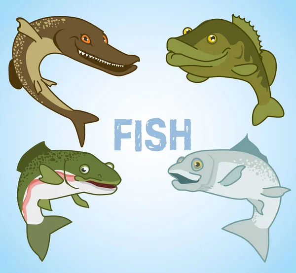 Conjunto de peces comerciales sobre un fondo azul. ilustración vectorial — Archivo Imágenes Vectoriales