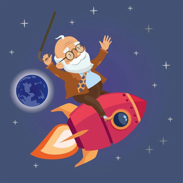 Активный старик, летящий на ракете в звездном небе. вектор — стоковый вектор