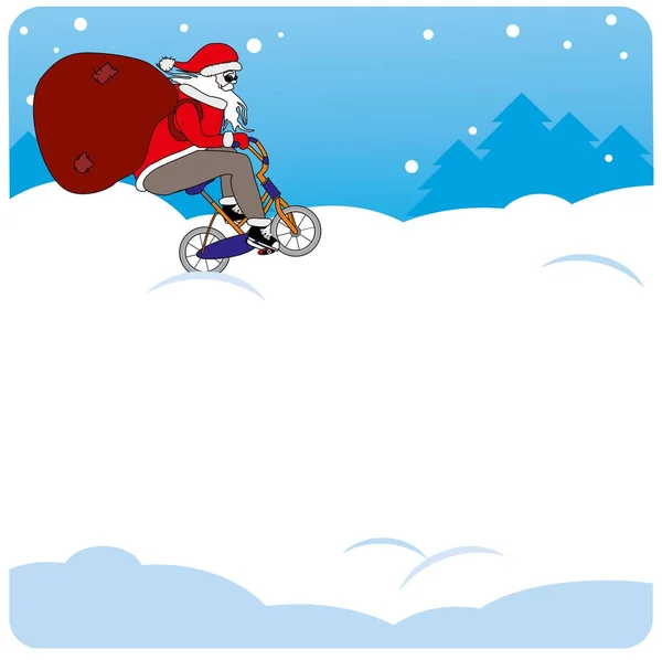 Vertical vector Christmas background. Santa rides a bike. place — Stock Vector