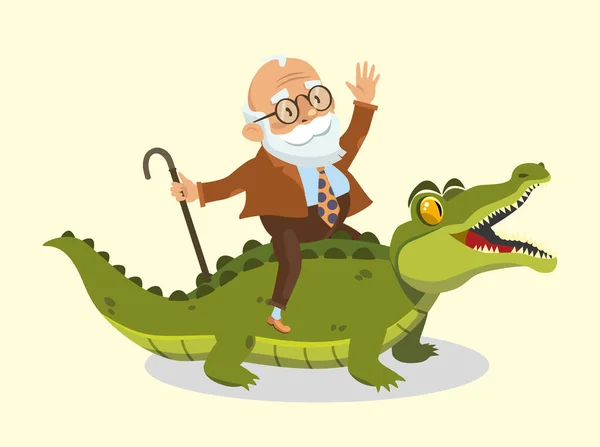 Funny old man rides a crocodile. vector illustration — Stock Vector