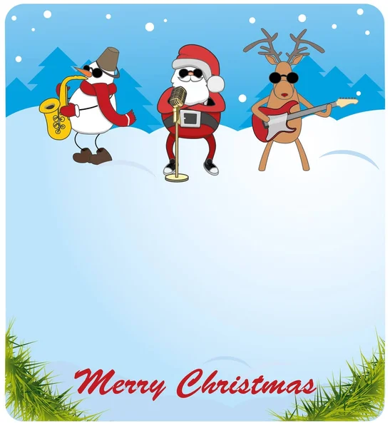 Christmas card. Santa Claus, snowman and deer saxophone plays th — Stock Vector