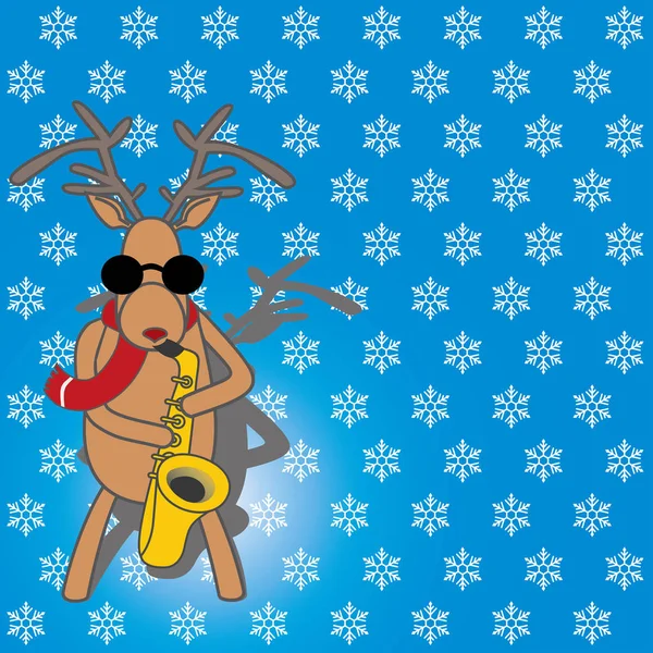 Le cerf de Noël joue du saxophone. carte vectorielle — Image vectorielle