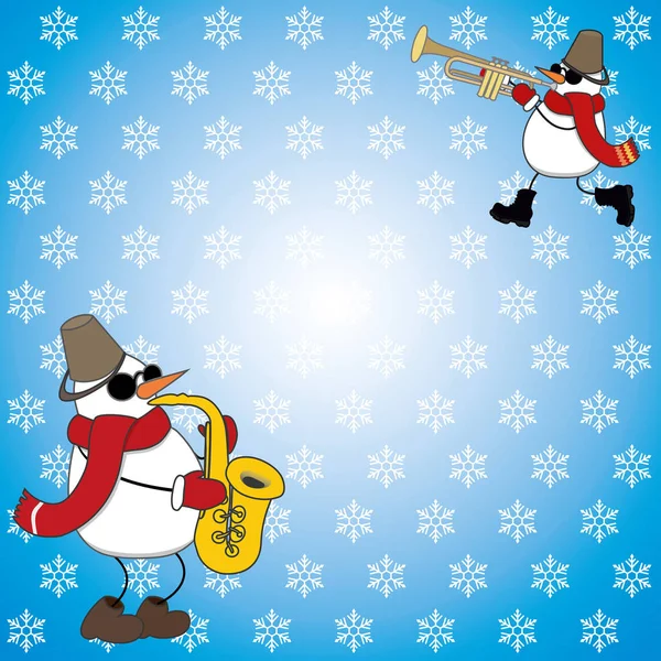 Snowmen playing music on a square background. vector — Stock Vector