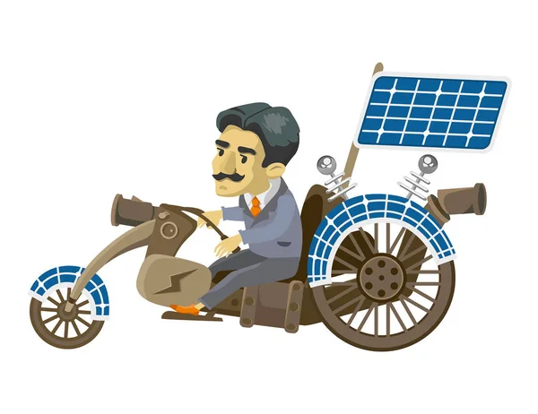 Nikola Tesla megy a mobil. rajzfilmfigura. vektor — Stock Vector