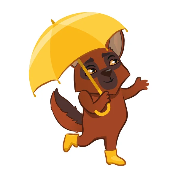 Perro de dibujos animados sosteniendo un paraguas amarillo. mascota camina bajo la lluvia. 5. — Vector de stock