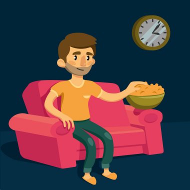 komik karikatür adam kanepede oturan ve patlamış mısır yemek