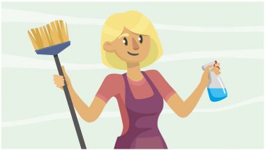 üniformalı genç kadın evi temizler, bir fırça tutar ve caydırmak