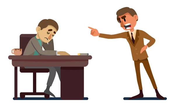Sad young man sitting at the table. his boss scolds him — Stock Vector