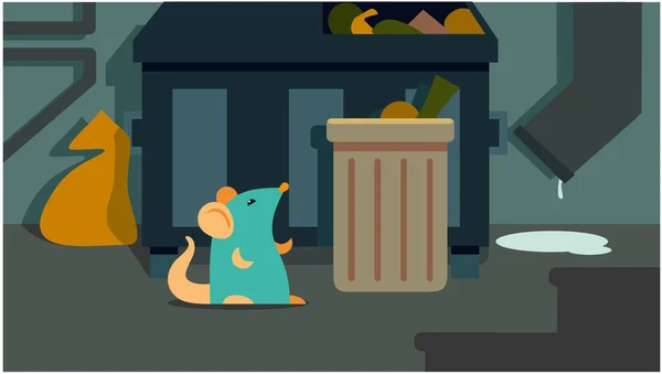 Ratón se sienta en el cubo de basura. paisaje urbano. vector illustrat — Vector de stock