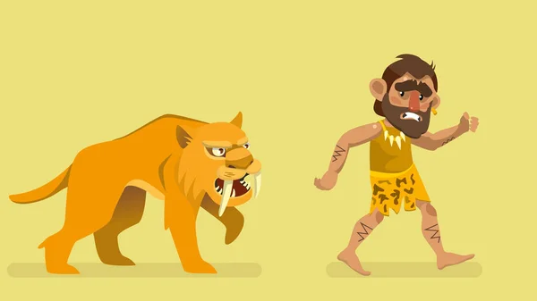 Saber - toothed tiger jagen van de primitieve mens. vectorillustratie — Stockvector