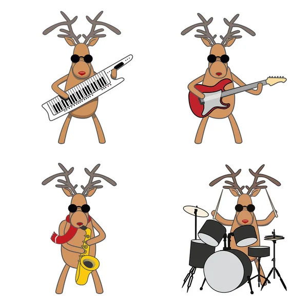 Orquestra de Natal. Feliz Natal cervos tocar instrumento musical — Vetor de Stock