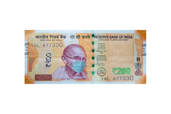 Indyjski Banknot Walutowy Rupia Mahatma Gandhi Noszenie Maski Twarzy Aby — Zdjęcie stockowe