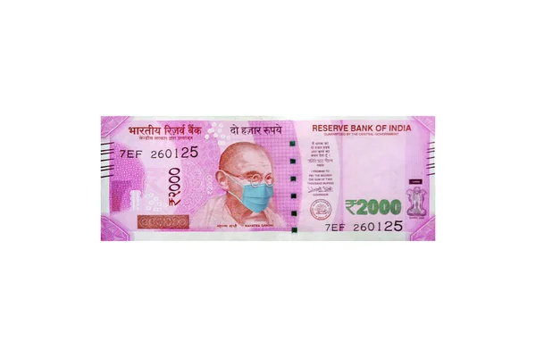 Indische Banknote Rupie Mahatma Gandhi Trägt Gesichtsmaske Coronavirus Covid Vermeiden — Stockfoto