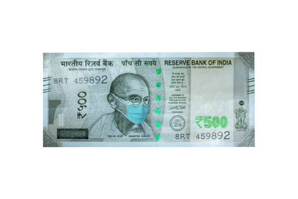 Indische Banknote Rupie Mahatma Gandhi Trägt Gesichtsmaske Coronavirus Covid Vermeiden — Stockfoto