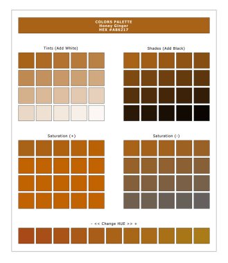 Renk Paleti / Honey Ginger / Spring ve Yaz 2020 Tekstil Baskıları ve Dijital Kullanım Paleti. Tints ve Shades Swatch ile Moda Trend Renkleri Kılavuzu, Tasarım Yazılımları ile Uyumlu.
