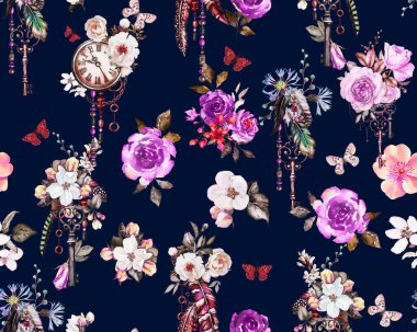 Anahtarları ve saatleri olan kusursuz çiçek desenli. Koyu mavi arkaplanda elle boyanmış suluboya çizimler.