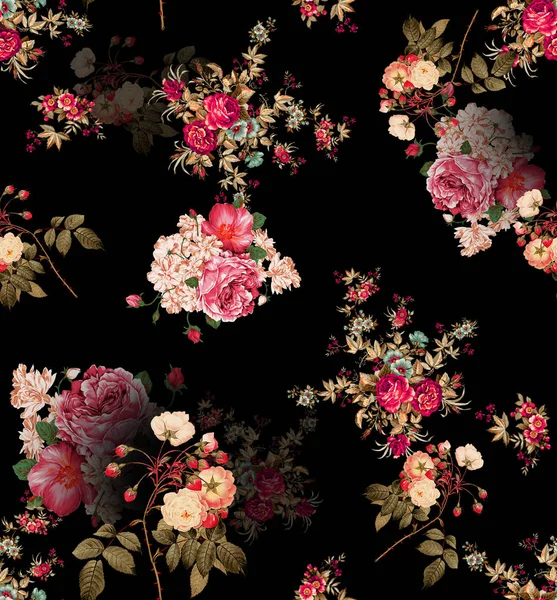Bahar Çiçekleri Yapraklarıyla Kusursuz Desen Gül Botanik Fayanslarının Elle Çizilmiş — Stok fotoğraf