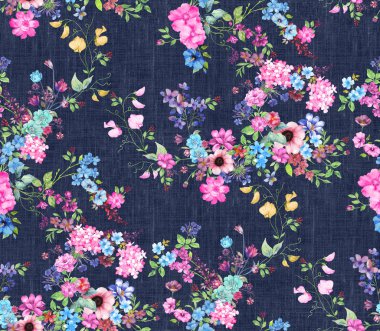 Küçük çiçeklerle suluboya kusursuz desen. Koyu mavi arkaplanda elle boyanmış suluboya çizimler.