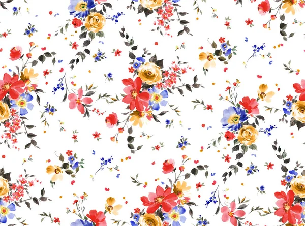 Watercolor Seamless Pattern Flowers Leaves Hand Painted Watercolor Illustration White — Stock Photo, Image