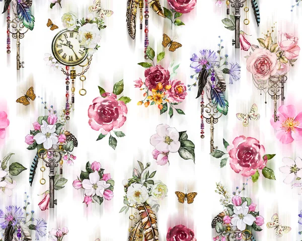 Seamless floral pattern with keys and clocks. Hand painted watercolor illustration on white background.