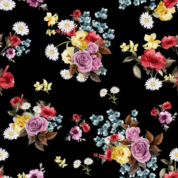Güzel Bir Çiçek Buketinin Kusursuz Deseni Tekstil Baskıları Için Siyah — Stok fotoğraf