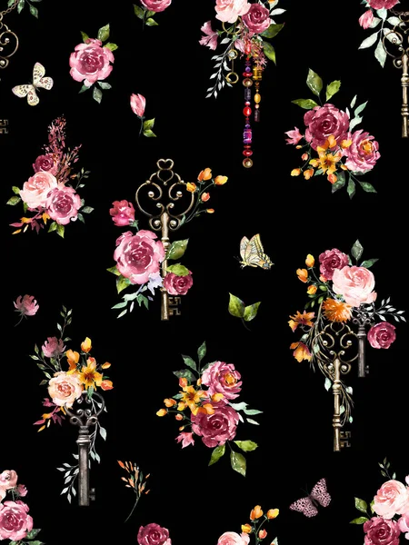 Seamless floral pattern with keys and flowers. Hand painted watercolor illustration on black background.