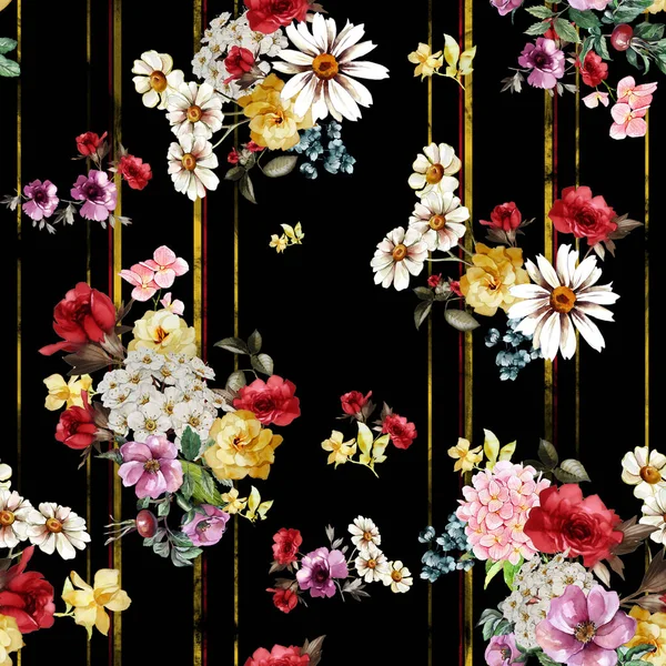 Płynny Wzór Piękny Bukiet Kwiatów Liniami Bezszwowy Akwarela Kwiatowy Wzór — Zdjęcie stockowe