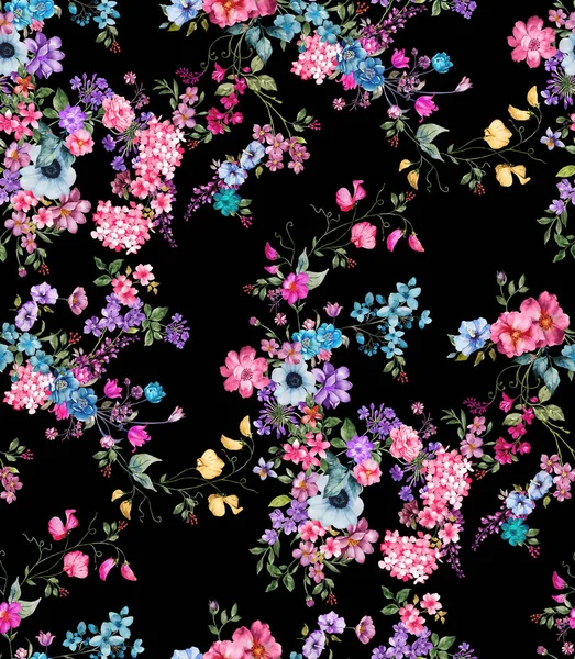 Watercolor Seamless Pattern Small Flowers Hand Painted Watercolor Illustration Black — Stock Photo, Image