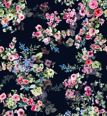 Küçük çiçeklerle suluboya kusursuz desen. Koyu mavi arkaplanda elle boyanmış suluboya çizimler.