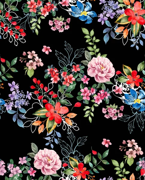 Безшовний Акварельний Квітковий Дизайн Чорним Тлом Текстильних Принтів Сучасний Квітковий — стокове фото