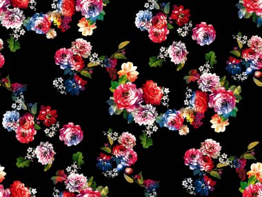 Çiçekler ve yapraklarla suluboya kusursuz desen. Siyah arkaplanda elle boyanmış suluboya çizimler.